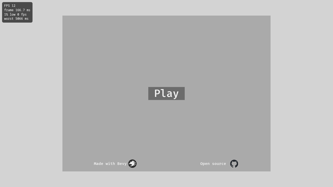 The Bevy game template's menu in a browser with the Vapour FPS overlay in the top-left corner