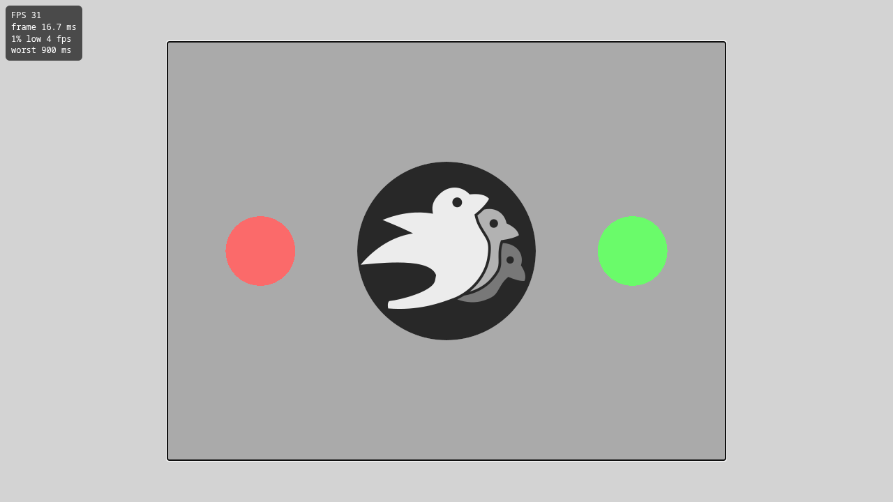 The Bevy game after pressing Play: a bird logo between a red and a green circle, with the overlay showing FPS 31 but a 1 percent low of 4 fps and a worst frame of 900 milliseconds