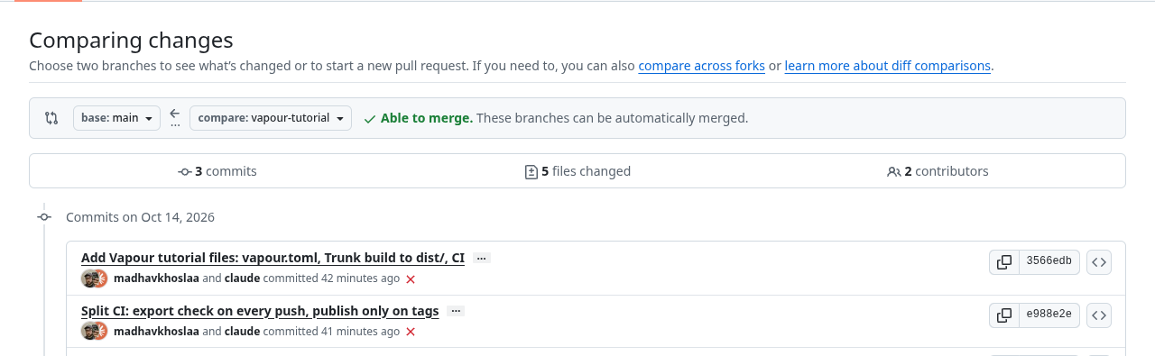 GitHub's compare view for the Bevy fork: three commits and five changed files between upstream main and the vapour-tutorial branch