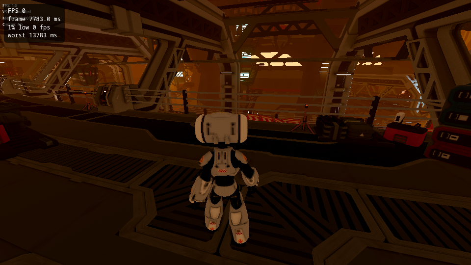 The Godot TPS demo in a level, a robot standing in an industrial corridor, with the overlay showing FPS 0 and a worst frame of 13,783 milliseconds