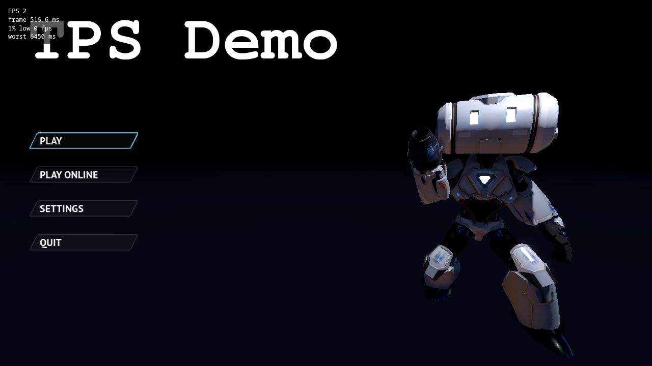 The Godot TPS demo with the speed counter in the top-left corner showing FPS, frame time, 1 percent low and worst frame